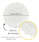 Papel Toalha Rendado Doilie branco redondo com borda rendada e 9cm de diâmetro.