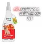 Spray adestrador Pet Clean, garrafa branca com rótulo vermelho e filhote, garrafa verde.
