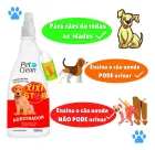 Spray adestrador branco, rótulo vermelho, garrafa amarela e desenhos de cães.