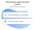 Starlink Mini: Interface com dois cartões brancos, ícones e texto sobre plano mensal.