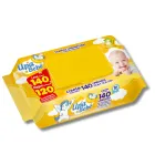 Toalhas Umedecidas Upa Bebê, embalagem amarela com tampa flip top e bebê sorrindo.