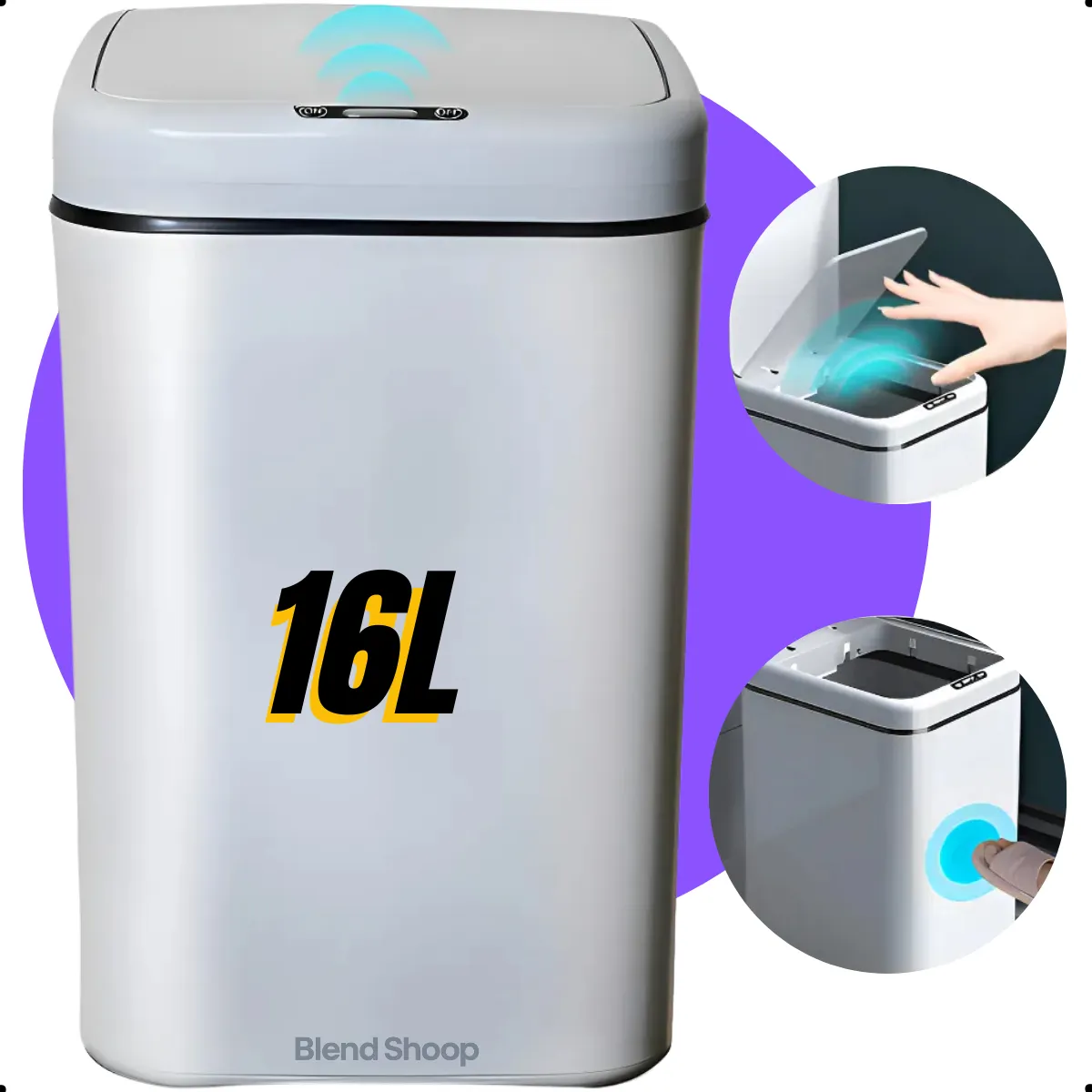 Lixeira Inteligente com Sensor cinza claro retangular, com sensor superior e 16L.