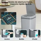 Lixeira inteligente cinza clara, chip e demonstração de modos de abertura.