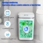 Lixeira Inteligente branca retangular com tela verde e escudo azul