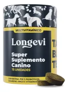 Longevi Tabletes: frasco preto e amarelo com silhuetas de cães e dois tabletes verdes