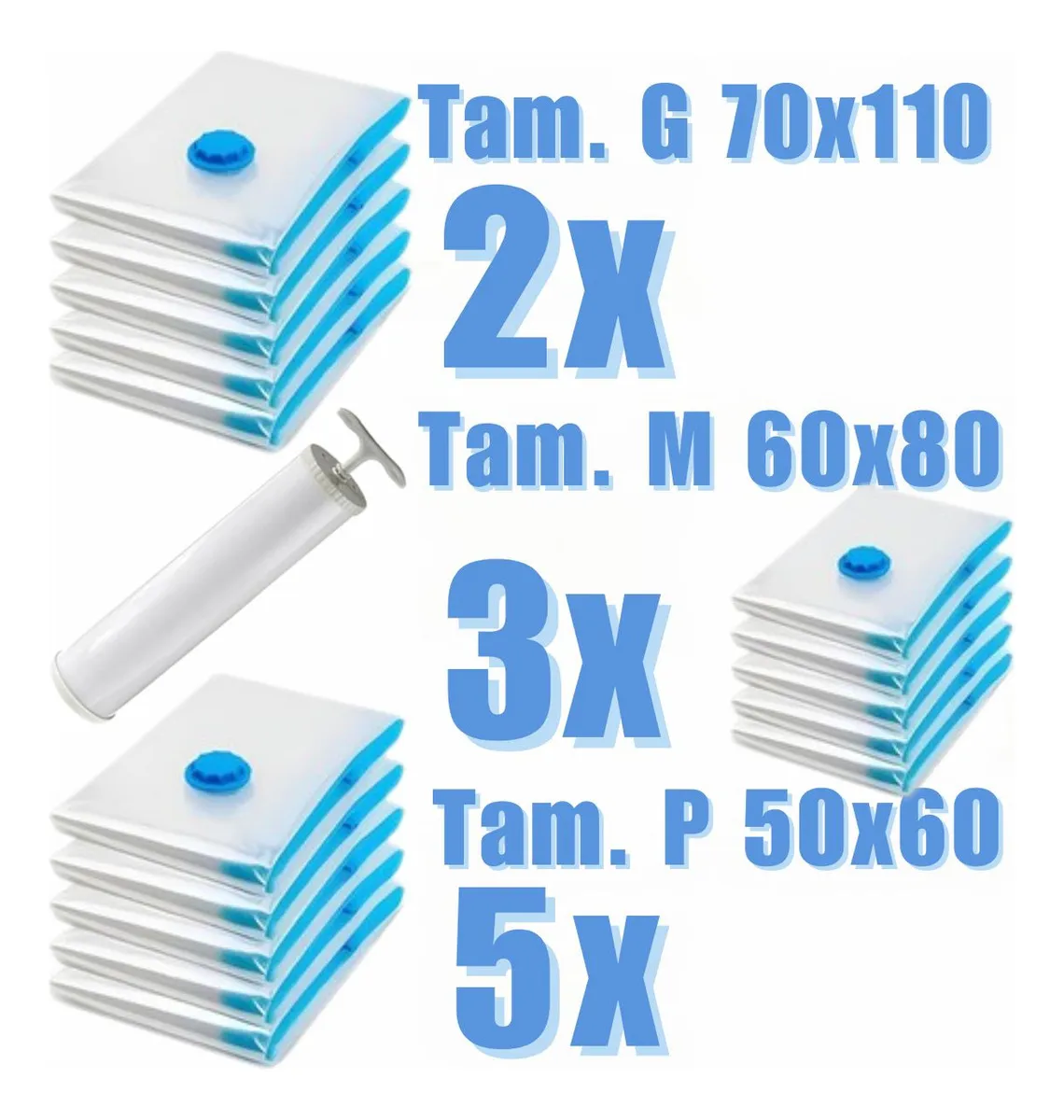 Sacos a vácuo brancos com tampas azuis, bomba e texto de tamanhos e quantidades.
