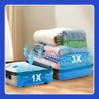 Magnow Pack Sacos A Vácuo azuis em malas, comprimindo roupas de 3X para 1X.