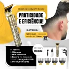 Máquina de Cortar Cabelo Dragão Buda dourada, acessórios e homem com corte de cabelo.