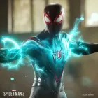 Spider-Man Miles Morales de traje preto com raios elétricos azuis.