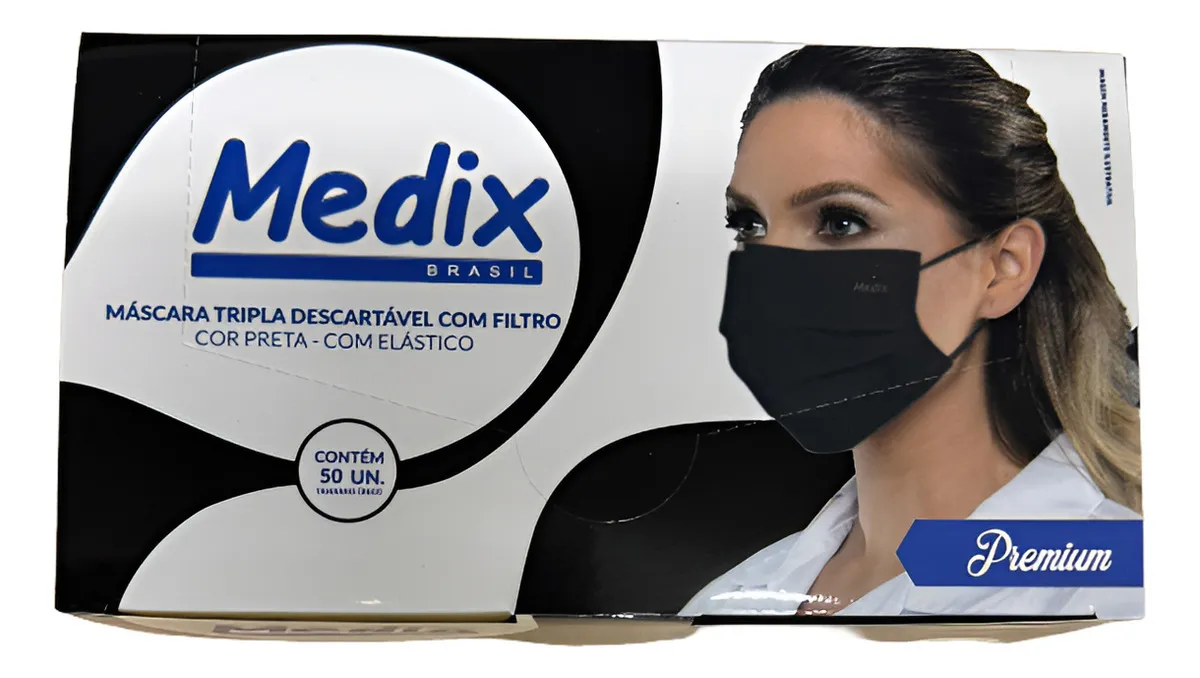 Caixa de máscara Medix tripla preta com 50 unidades.