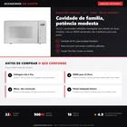 Infográfico editorial Achadinho: micro-ondas Brastemp BMS46AB branco de 32 litros, painel integrado, com destaques de potência 900W, 10 níveis, Menu Gourmet, Função Tira Odor e dimensões.