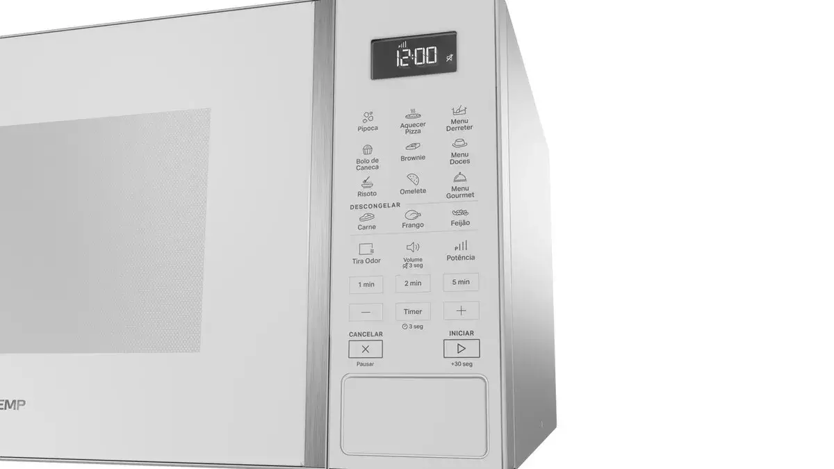 Micro-ondas aberto mostrando capacidade