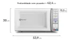 Micro-ondas Electrolux branco visto de frente com dimensões detalhadas