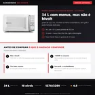 Infográfico da análise editorial Achadinho: micro-ondas Electrolux MEO44 de 34 litros, prato de 32,5 cm, 10 níveis e menus automáticos; não é bivolt, sem grill e pede tomada dedicada