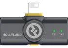 Receptor Hollyland Lark M2 cinza com conector Lightning, logo e indicadores verdes.