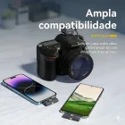 Dispositivos Lark M2 conectados a câmera DSLR, iPhone azul e smartphone Android.