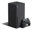 Xbox Series X preto, console vertical e controle preto