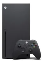Xbox Series X preta e controle preto com logo branco e botões coloridos