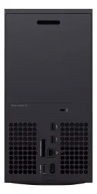 Xbox Series X preto fosco, vista traseira com portas e grades de ventilação.