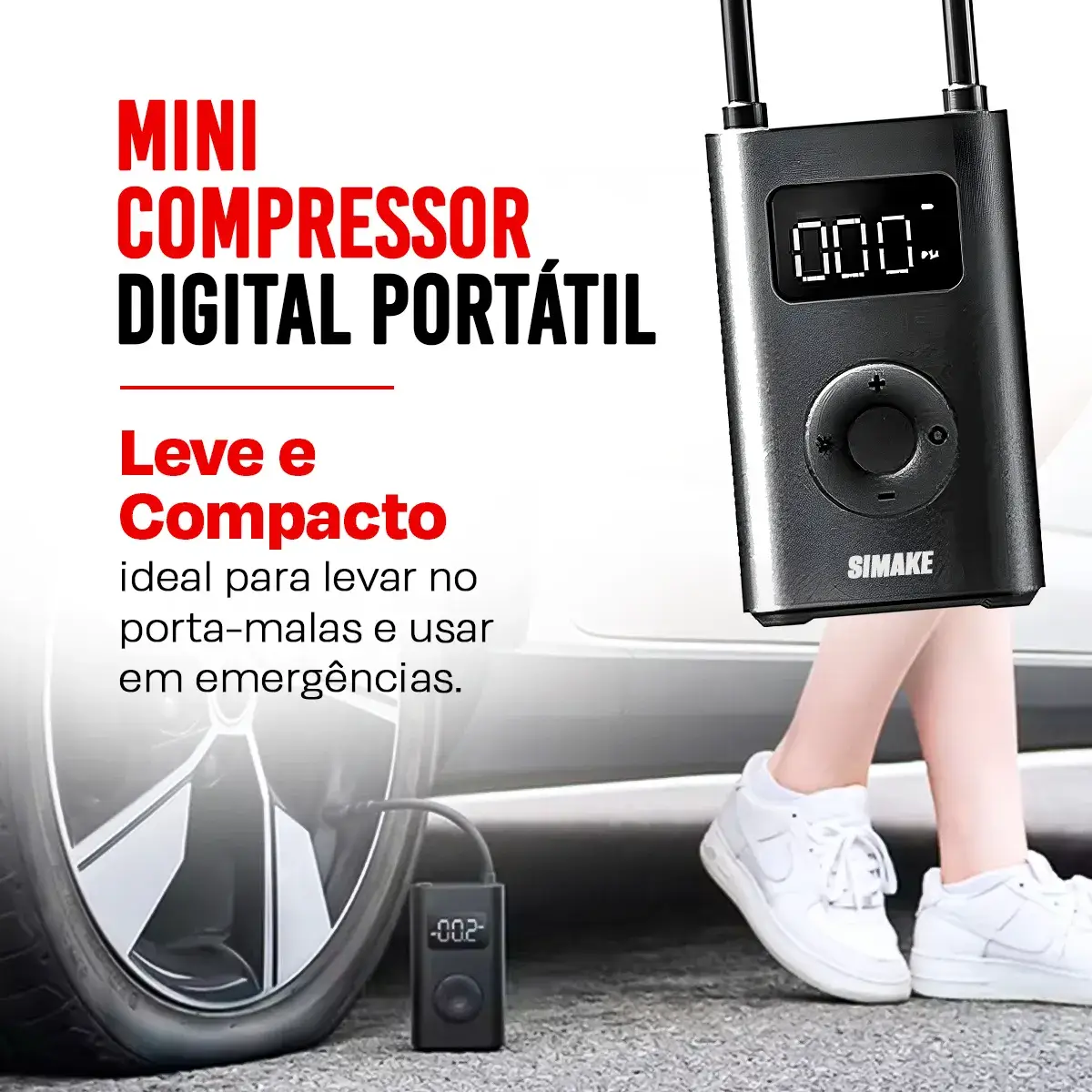 Compressor digital conectado ao pneu do carro com visor ligado