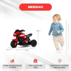 Mini Moto Elétrica Triciclo vermelha com criança e suas dimensões.
