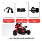 Mini Moto Elétrica triciclo vermelho e preto com ícones de velocidade, bateria e motor.