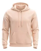 Moletom liso bege claro com capuz, cordões e bolso canguru.