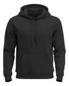 Moletom preto liso com capuz, cordões e bolso canguru.