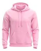 Moletom rosa liso com capuz, cordão e bolso canguru.