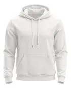 Moletom Canguru branco com capuz, cordão e bolso canguru.