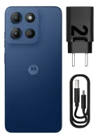 Moto G15 azul marinho com câmeras, carregador preto e cabo USB-C.