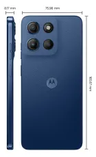 Moto G15 azul marinho, traseira texturizada, lateral, câmeras e dimensões.