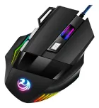 Mouse Gamer preto com luzes LED RGB, logo e botão DPI