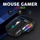 Mouse Gamer preto com luzes LED RGB coloridas ao lado de um notebook
