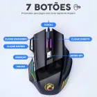 Mouse gamer preto com 7 botões, scroll, luzes RGB e logo de dragão.