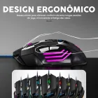 Mouse gamer preto com luzes LED magenta nas laterais