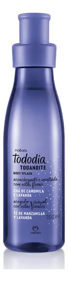 Natura Tododia Todanoite Body Splash, frasco roxo com tampa, rótulo e pontos brilhantes.