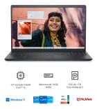 Notebook Dell Inspiron preto aberto com tela exibindo mulher sorrindo.