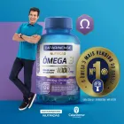 Homem sorrindo ao lado de frasco azul de Ômega 3 e selo dourado.