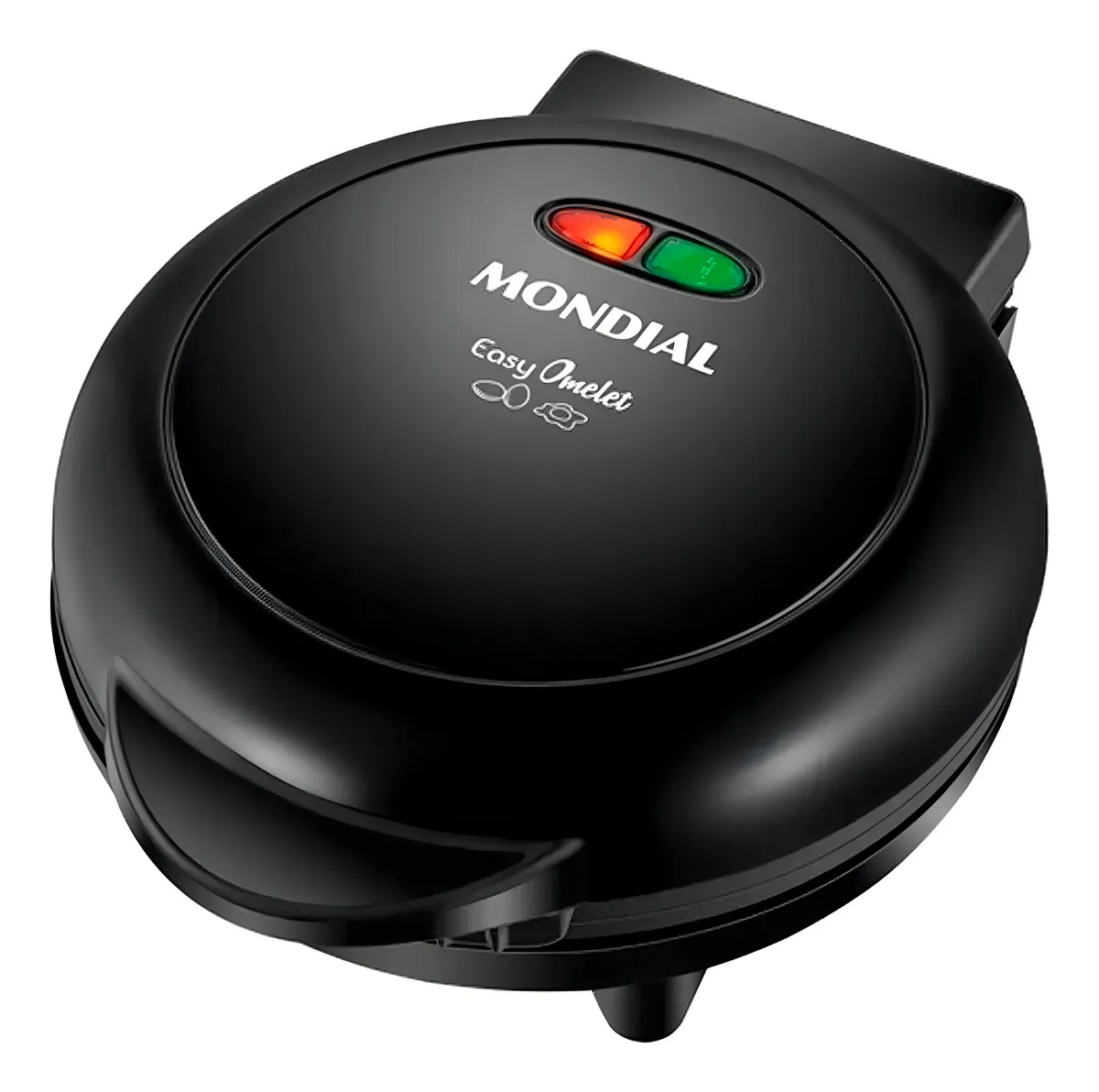 Omeleteira Elétrica Mondial preta com luzes indicadoras vermelha e verde.