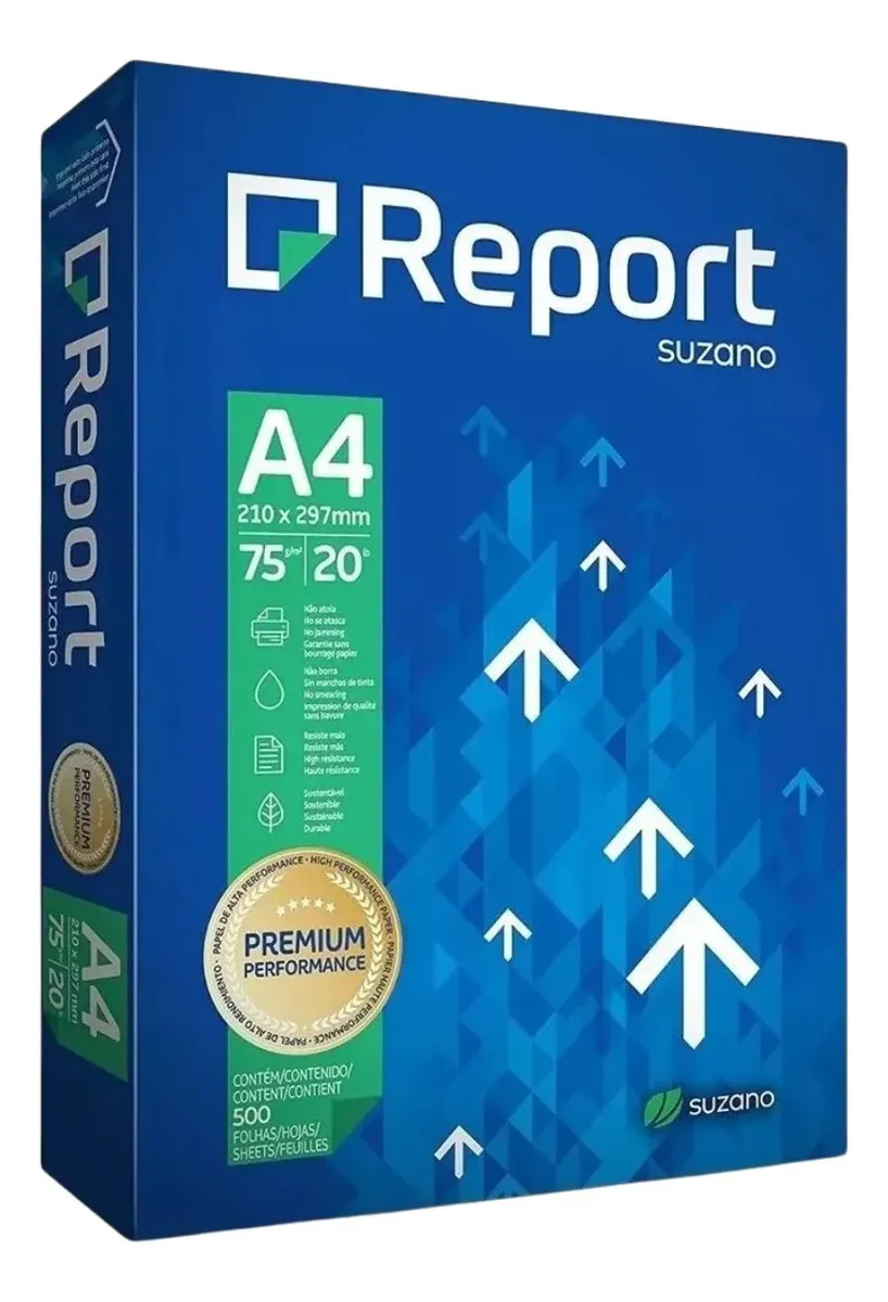 Caixa azul de Papel A4 Report Suzano com selo Premium Performance e setas brancas