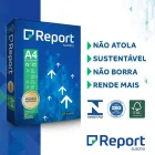 Caixa azul de Papel A4 Report Suzano com selos de certificação.