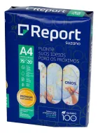 Pacote azul de Papel A4 Sulfite 75g Report com logo branco e selo dourado