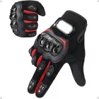Par de luvas motoqueiro pretas e vermelhas com proteções rígidas.