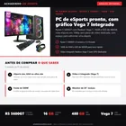 Infográfico editorial Achadinho: PC gamer BluePC Pulse com AMD Ryzen 5 5600GT de 6 nucleos e 12 threads, 16GB de RAM, SSD de 480GB e video integrado Radeon Vega 7; roda eSports em 1080p sem placa dedicada, fonte de 500W e monitor de 20 polegadas