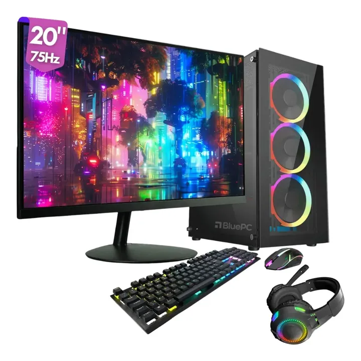 PC Gamer Completo AMD Ryzen 5 5600GT, Placa mãe A520, Gráficos Radeon VEGA 7, 16GB DDR4 3200Mhz, SSD 480GB, Monitor 20" 75Hz, Fonte 500W Bivolt, Preto, com iluminação RGB, BluePC - Pulse PGF-0100PU
