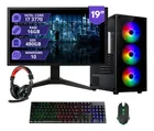 Pc Gamer Completo preto com monitor, torre RGB, teclado, mouse e fone de ouvido.