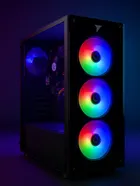Pc Gamer Completo preto com três ventoinhas RGB coloridas na frente e lateral de vidro.