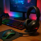 Headset, teclado e mouse gamer pretos com luzes RGB para PC Gamer.