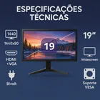 Monitor 19 polegadas preto com tela exibindo paisagem e especificações técnicas.